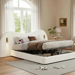 Lit coffre rembourré 180x200 cm - Avec USB et lampe de lecture - Tête de lit rembourrée - Tissu bouclé - Blanc (sans matelas)