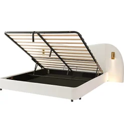 Lit coffre rembourré 180x200 cm - Avec USB et lampe de lecture - Tête de lit rembourrée - Tissu bouclé - Blanc (sans matelas)