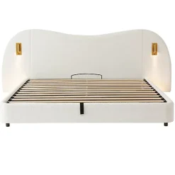 Lit coffre rembourré 180x200 cm - Avec USB et lampe de lecture - Tête de lit rembourrée - Tissu bouclé - Blanc (sans matelas)