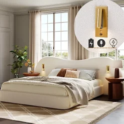 Lit coffre rembourré 180x200 cm - Avec USB et lampe de lecture - Tête de lit rembourrée - Tissu bouclé - Blanc (sans matelas)