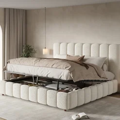 Lit coffre rembourré 180x200cm - Tête de lit rembourrée - Rangement sous le lit - Sommier à lattes - Bouclé - Blanc(sans matelas)