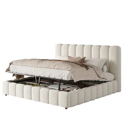 Lit coffre rembourré 180x200cm - Tête de lit rembourrée - Rangement sous le lit - Sommier à lattes - Bouclé - Blanc(sans matelas)