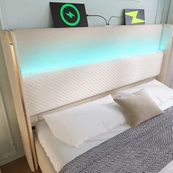 Lit coffre rembourré 140x200cm avec éclairage LED - ports USB et Type-C - tissu en Lin - Beige (sans matelas)