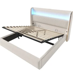 Lit coffre rembourré 140x200cm avec éclairage LED - ports USB et Type-C - tissu en Lin - Beige (sans matelas)