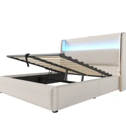 Lit coffre rembourré 140x200cm avec éclairage LED - ports USB et Type-C - tissu en Lin - Beige (sans matelas)