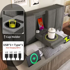 Lit coffre rembourré 90x200cm avec porte-gobelet - ports USB et Type-C - avec sommier à lattes - Lin - Gris (sans matelas)