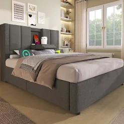 Lit coffre rembourré 90x200cm avec porte-gobelet - ports USB et Type-C - avec sommier à lattes - Lin - Gris (sans matelas)