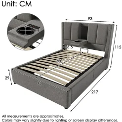 Lit coffre rembourré 90x200cm avec porte-gobelet - ports USB et Type-C - avec sommier à lattes - Lin - Gris (sans matelas)