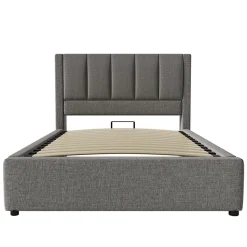 Lit coffre rembourré 90x200cm avec porte-gobelet - ports USB et Type-C - avec sommier à lattes - Lin - Gris (sans matelas)
