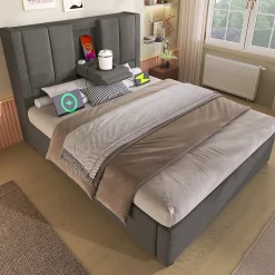 Lit coffre rembourré 90x200cm avec porte-gobelet - ports USB et Type-C - avec sommier à lattes - Lin - Gris (sans matelas)