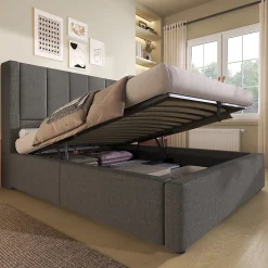 Lit coffre rembourré 90x200cm avec porte-gobelet - ports USB et Type-C - avec sommier à lattes - Lin - Gris (sans matelas)