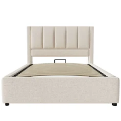 Lit coffre rembourré 90x200cm avec porte-gobelet - ports USB et Type-C - avec sommier à lattes - Lin - Beige (sans matelas)