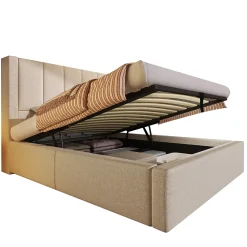 Lit coffre rembourré 90x200cm avec porte-gobelet - ports USB et Type-C - avec sommier à lattes - Lin - Beige (sans matelas)
