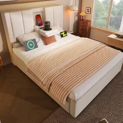 Lit coffre rembourré 90x200cm avec porte-gobelet - ports USB et Type-C - avec sommier à lattes - Lin - Beige (sans matelas)