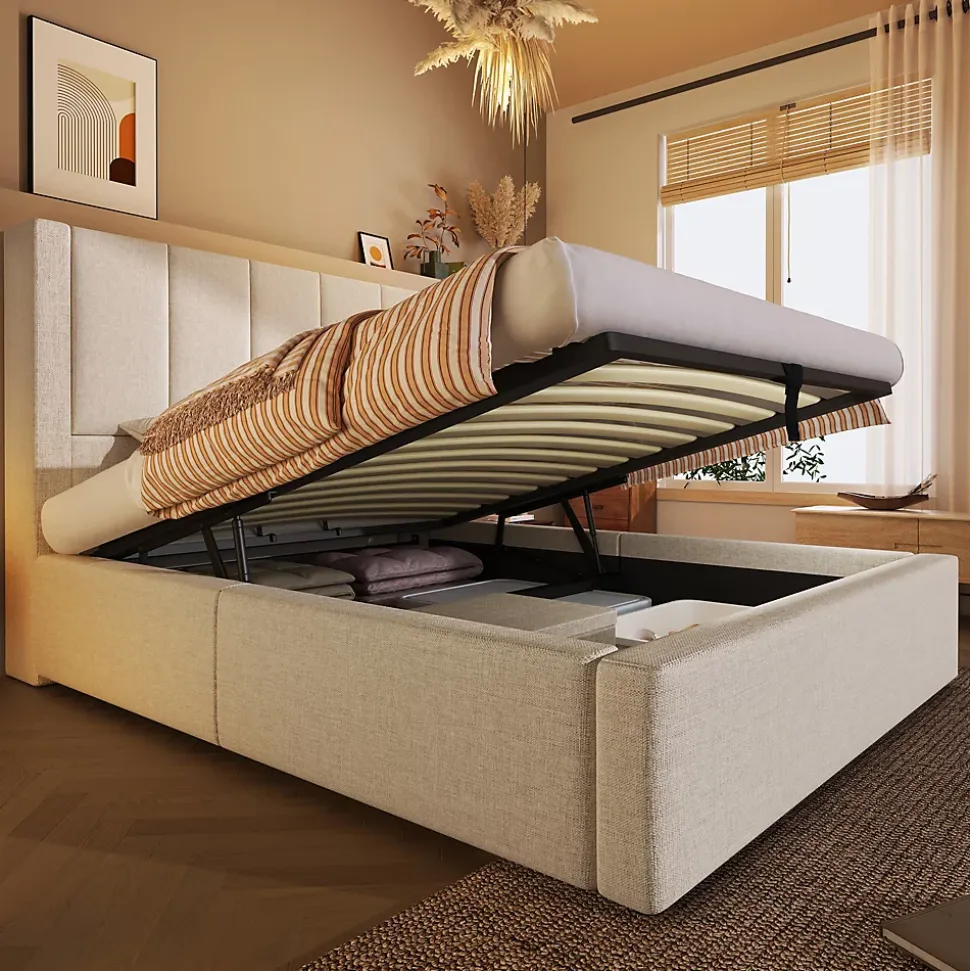 Lit coffre rembourré 90x200cm avec porte-gobelet - ports USB et Type-C - avec sommier à lattes - Lin - Beige (sans matelas)