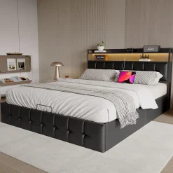 Lit coffre rembourré 140x200cm en tissu de pu - avec LED et port de charge - avec sommier à lattes - Noir