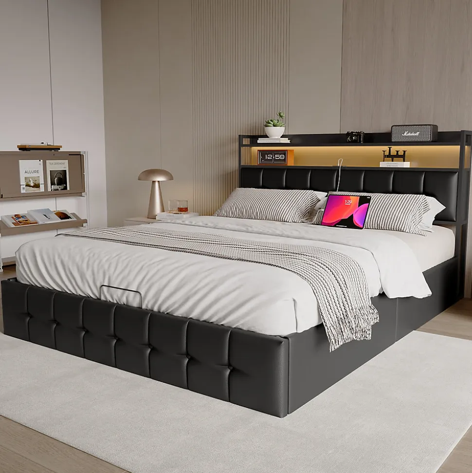 Lit coffre rembourré 140x200cm en tissu de pu - avec LED et port de charge - avec sommier à lattes - Noir