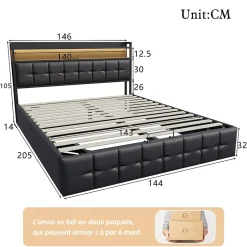 Lit coffre rembourré 140x200cm en tissu de pu - avec LED et port de charge - avec sommier à lattes - Noir