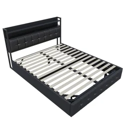 Lit coffre rembourré 140x200cm en tissu de pu - avec LED et port de charge - avec sommier à lattes - Noir