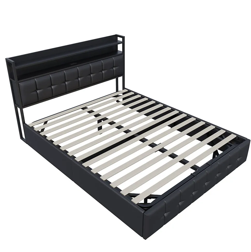 Lit coffre rembourré 140x200cm en tissu de pu - avec LED et port de charge - avec sommier à lattes - Noir