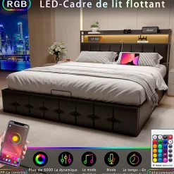 Lit coffre rembourré 140x200cm en tissu de pu - avec LED et port de charge - avec sommier à lattes - Noir