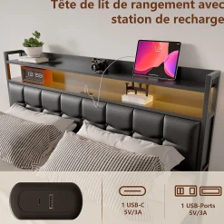 Lit coffre rembourré 140x200cm en tissu de pu - avec LED et port de charge - avec sommier à lattes - Noir