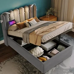 Lit Coffre Simple Rembourré Tête De Lit Rangement Velours 90x200 Gris Blackcolors