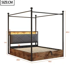 Lit Coffre Simple 90x190 cm - Baldaquin et Éclairage LED, Rangement Hydraulique Sous Sommier, Ports USB/Type-C, Sans Matelas, Noir