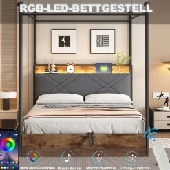 Lit Coffre Simple 90x190 cm - Baldaquin et Éclairage LED, Rangement Hydraulique Sous Sommier, Ports USB/Type-C, Sans Matelas, Noir