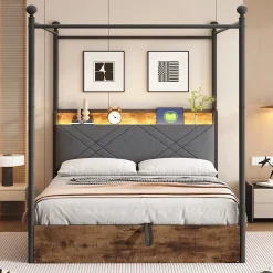 Lit Coffre Simple 90x190 cm - Baldaquin et Éclairage LED, Rangement Hydraulique Sous Sommier, Ports USB/Type-C, Sans Matelas, Noir