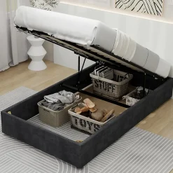 Lit Coffre Simple 90x200 cm - Lit Avec Vérin Pour Ouverture Facile, Bas et Moderne, Sans Tête de Lit, Sans Matelas, Velours Gris