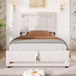 Lit Coffre Simple 90x200 Cm - Lit Coffre Enfant/Ado Avec LED Et USB, Système Hydraulique De Rangement, Tissu En Lin, Beige