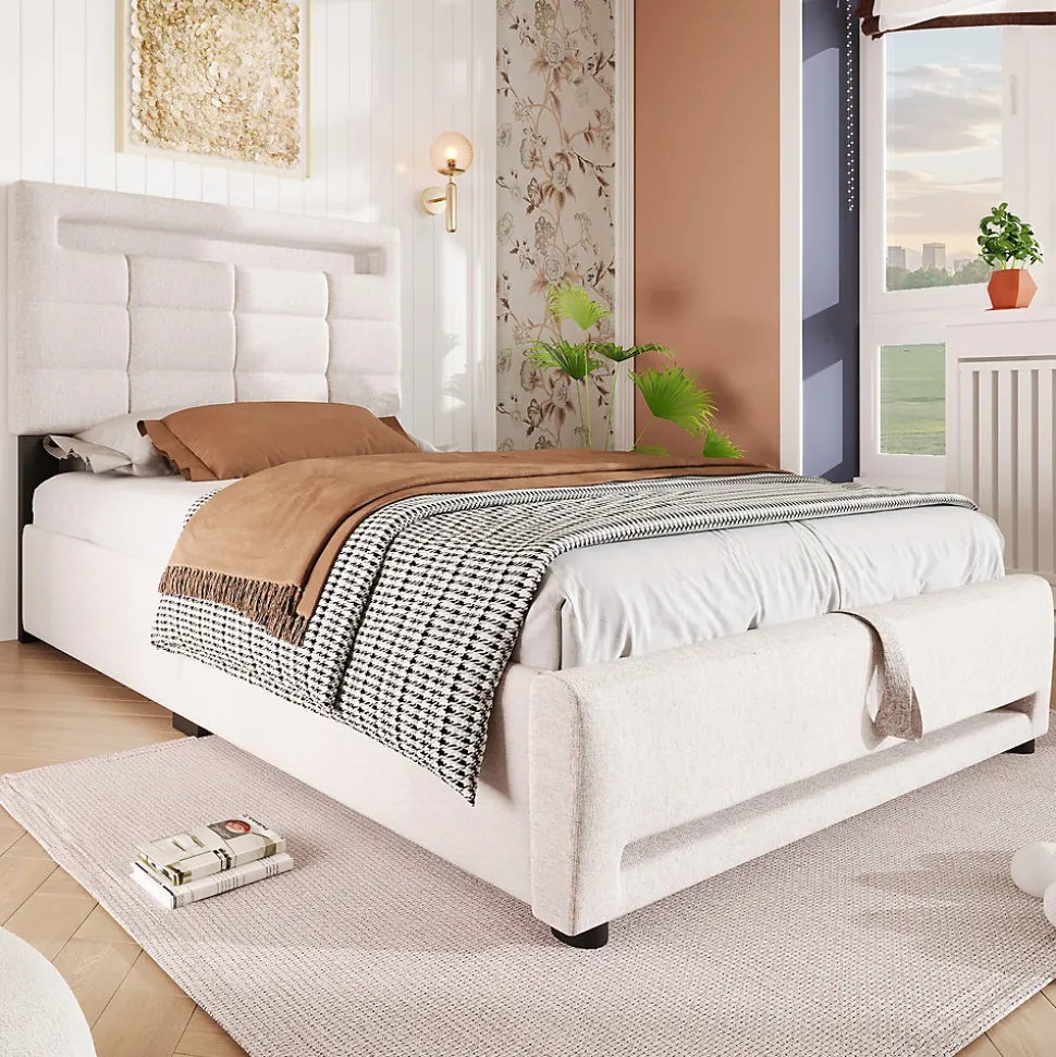 Lit Coffre Simple 90x200 Cm - Lit Coffre Enfant/Ado Avec LED Et USB, Système Hydraulique De Rangement, Tissu En Lin, Beige