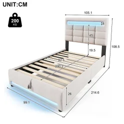 Lit Coffre Simple 90x200 Cm - Lit Coffre Enfant/Ado Avec LED Et USB, Système Hydraulique De Rangement, Tissu En Lin, Beige