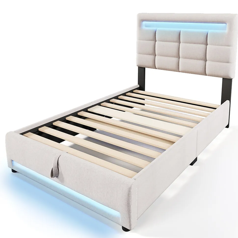 Lit Coffre Simple 90x200 Cm - Lit Coffre Enfant/Ado Avec LED Et USB, Système Hydraulique De Rangement, Tissu En Lin, Beige