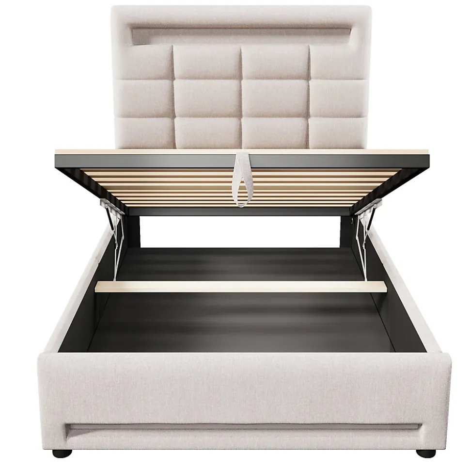 Lit Coffre Simple 90x200 Cm - Lit Coffre Enfant/Ado Avec LED Et USB, Système Hydraulique De Rangement, Tissu En Lin, Beige