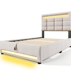 Lit Coffre Simple 90x200 Cm - Lit Coffre Enfant/Ado Avec LED Et USB, Système Hydraulique De Rangement, Tissu En Lin, Beige