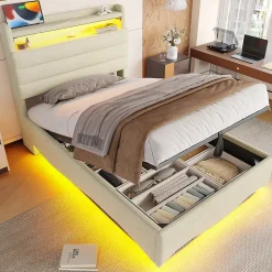 Lit Coffre Simple 90x200 cm - Lit Enfant Capitonné avec LED, Ports USB et Rangement sous Le Lit, Tissu Lin, Beige