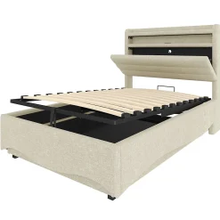 Lit Coffre Simple 90x200 cm - Lit Enfant Capitonné avec LED, Ports USB et Rangement sous Le Lit, Tissu Lin, Beige