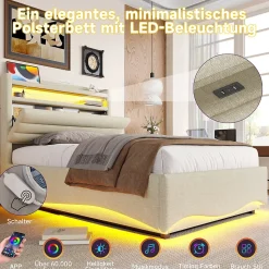 Lit Coffre Simple 90x200 cm - Lit Enfant Capitonné avec LED, Ports USB et Rangement sous Le Lit, Tissu Lin, Beige