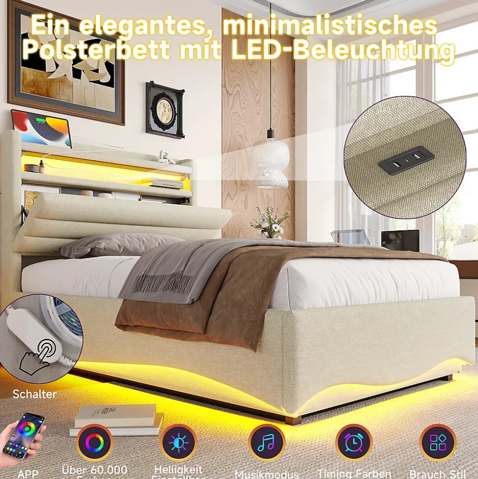 Lit Coffre Simple 90x200 cm - Lit Enfant Capitonné avec LED, Ports USB et Rangement sous Le Lit, Tissu Lin, Beige