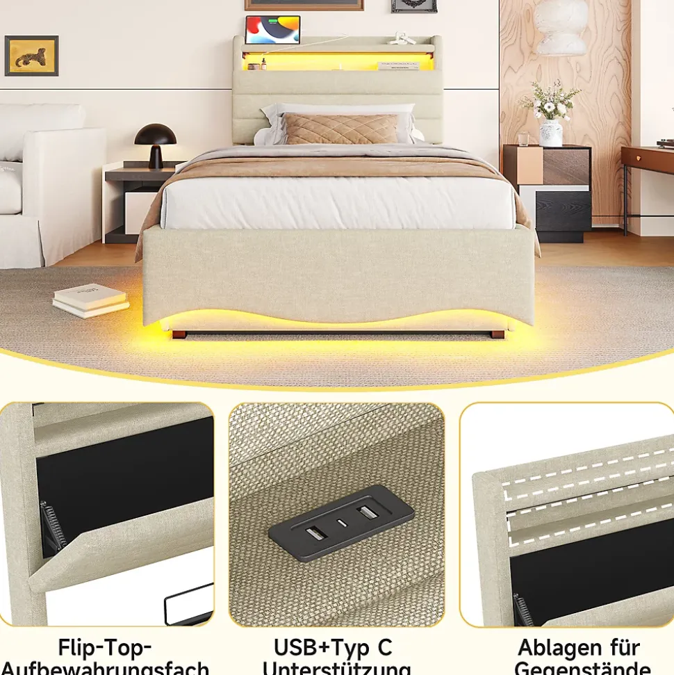 Lit Coffre Simple 90x200 cm - Lit Enfant Capitonné avec LED, Ports USB et Rangement sous Le Lit, Tissu Lin, Beige