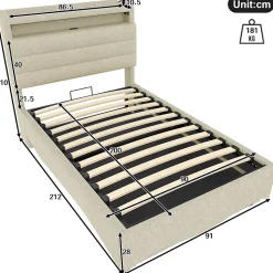 Lit Coffre Simple 90x200 cm - Lit Enfant Capitonné avec LED, Ports USB et Rangement sous Le Lit, Tissu Lin, Beige