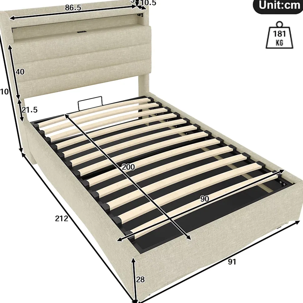 Lit Coffre Simple 90x200 cm - Lit Enfant Capitonné avec LED, Ports USB et Rangement sous Le Lit, Tissu Lin, Beige