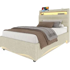 Lit Coffre Simple 90x200 cm - Lit Enfant Capitonné avec LED, Ports USB et Rangement sous Le Lit, Tissu Lin, Beige
