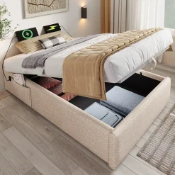Lit Coffre Simple 90x200 cm avec Rangement Intégré et Port USB-C, Cadre Bois et Lin Beige, Sans Matelas
