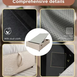 Lit Coffre Simple 90x200 cm avec Rangement Intégré et Port USB-C, Cadre Bois et Lin Beige, Sans Matelas