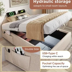 Lit Coffre Simple 90x200 cm avec Rangement Intégré et Port USB-C, Cadre Bois et Lin Beige, Sans Matelas