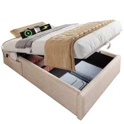 Lit Coffre Simple 90x200 cm avec Rangement Intégré et Port USB-C, Cadre Bois et Lin Beige, Sans Matelas