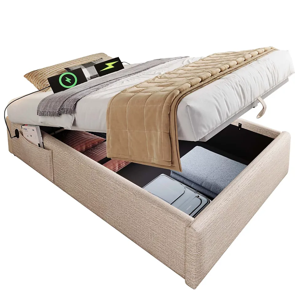 Lit Coffre Simple 90x200 cm avec Rangement Intégré et Port USB-C, Cadre Bois et Lin Beige, Sans Matelas
